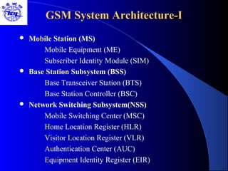 GSM System Architecture-IGSM System Architecture-I
 Mobile Station (MS)
Mobile Equipment (ME)
Subscriber Identity Module (SIM)
 Base Station Subsystem (BSS)
Base Transceiver Station (BTS)
Base Station Controller (BSC)
 Network Switching Subsystem(NSS)
Mobile Switching Center (MSC)
Home Location Register (HLR)
Visitor Location Register (VLR)
Authentication Center (AUC)
Equipment Identity Register (EIR)
 
