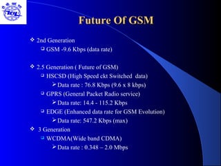 Future Of GSMFuture Of GSM
 2nd Generation
 GSM -9.6 Kbps (data rate)
 2.5 Generation ( Future of GSM)
 HSCSD (High Speed ckt Switched data)
Data rate : 76.8 Kbps (9.6 x 8 kbps)
 GPRS (General Packet Radio service)
Data rate: 14.4 - 115.2 Kbps
 EDGE (Enhanced data rate for GSM Evolution)
Data rate: 547.2 Kbps (max)
 3 Generation
 WCDMA(Wide band CDMA)
Data rate : 0.348 – 2.0 Mbps
 