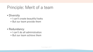 Principle: Merit of a team
• Diversity
• I can’t create beautiful looks
• But our team provide them
• Redundancy
• I can’t do all administration
• But our team achieve them
 