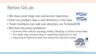 Before GitLab
• We have used large one subversion repository
• Each our product was a sub-directory in the repo
• Team members can add sub-directory via TortoiseSVN
• But that has many problems
• Commit often affects topology widely. Merging is almost impossible
• Too large repo: backup copy or exporting repository is hell
• Importing to Redmine took very long time and time-outed
 