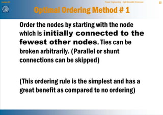 Lecture 21                                  Power Engineering - Egill Benedikt Hreinsson   13


                  Optimal Ordering Method # 1
             Order the nodes by starting with the node
             which is initially connected to the
             fewest other nodes. Ties can be
             broken arbitrarily. (Parallel or shunt
             connections can be skipped)

             (This ordering rule is the simplest and has a
             great benefit as compared to no ordering)
 