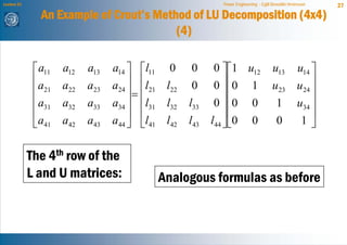 Lecture 21                                                 Power Engineering - Egill Benedikt Hreinsson   27
                An Example of Crout’s Method of LU Decomposition (4x4)
                                          (4)

              ⎡ a11   a12   a13   a14 ⎤ ⎡l11 0     0      0 ⎤⎡1 u12                  u13          u14 ⎤
              ⎢a      a22   a23       ⎥ ⎢l
                                  a24 ⎥ ⎢ 21 l22    0        ⎥ ⎢0 1
                                                          0 ⎥⎢                       u23              ⎥
                                                                                                  u24 ⎥
              ⎢ 21                     =
              ⎢ a31   a32   a33   a34 ⎥ ⎢l31 l32   l33    0 ⎥ ⎢0 0                    1           u34 ⎥
              ⎢                       ⎥ ⎢                    ⎥⎢                                       ⎥
              ⎣a41    a42   a43   a44 ⎦ ⎣l41 l42   l43   l44 ⎦⎣0 0                    0            1⎦


             The 4th row of the
             L and U matrices:             Analogous formulas as before
 
