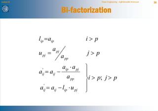 Lecture 21                                       Power Engineering - Egill Benedikt Hreinsson   30


                             Bi-factorization


             lip = aip                    i> p
                      a pj
             u pj =                       j> p
                             a pp
                             aip ⋅ a pj   ⎫
             a = aij −
              '
              ij                          ⎪
                                a pp      ⎬i > p; j > p
             aij = aij − lip ⋅ u pj
              '                           ⎪
                                          ⎭
 