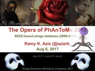 The Opera of PhAnToMe 2017
Ramy K. Aziz (@azizrk)
Aug 6, 2017
opus (LT) = work (Pl. opera)
SEED-based phage database (2009-2013-…)
Phage Genomics Workshop, Evergreen 2017
giantmicrobes.com
 