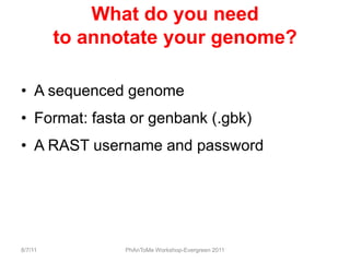 What do you need to annotate your genome?<br />A sequenced genome<br />Format: fasta or genbank (.gbk)<br />A RAST usernam...