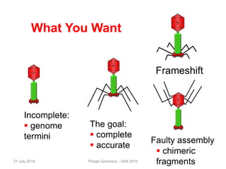 What You Want
The goal:
 complete
 accurate
Incomplete:
 genome
termini Faulty assembly
Frameshift
 chimeric
fragments21 July 2016 Phage Genomics - VoM 2016
 