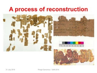 A process of reconstruction
21 July 2016 Phage Genomics - VoM 2016
 