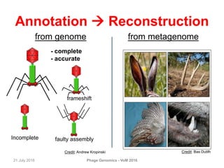 Annotation  Reconstruction
from genome from metagenome
21 July 2016 Phage Genomics - VoM 2016
Incomplete
frameshift
- complete
- accurate
Credit: Andrew Kropinski Credit: Bas Dutilh
faulty assembly
 