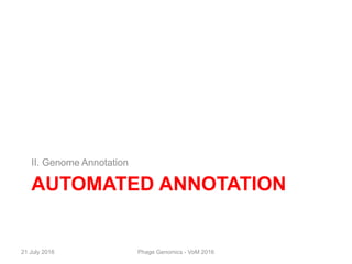 AUTOMATED ANNOTATION
II. Genome Annotation
21 July 2016 Phage Genomics - VoM 2016
 
