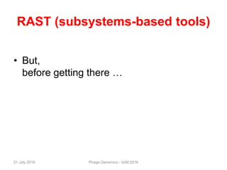 RAST (subsystems-based tools)
• But,
before getting there …
21 July 2016 Phage Genomics - VoM 2016
 