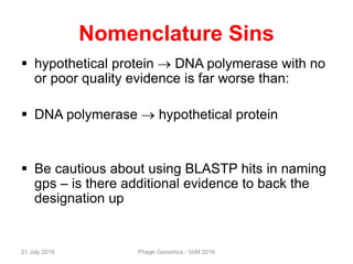 Nomenclature Sins
 hypothetical protein  DNA polymerase with no
or poor quality evidence is far worse than:
 DNA polymerase  hypothetical protein
 Be cautious about using BLASTP hits in naming
gps – is there additional evidence to back the
designation up
21 July 2016 Phage Genomics - VoM 2016
 