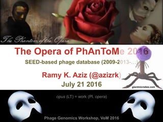 The Opera of PhAnToMe 2016
Ramy K. Aziz (@azizrk)
July 21 2016
opus (LT) = work (Pl. opera)
SEED-based phage database (2009-2013-…)
Phage Genomics Workshop, VoM 2016
giantmicrobes.com
 