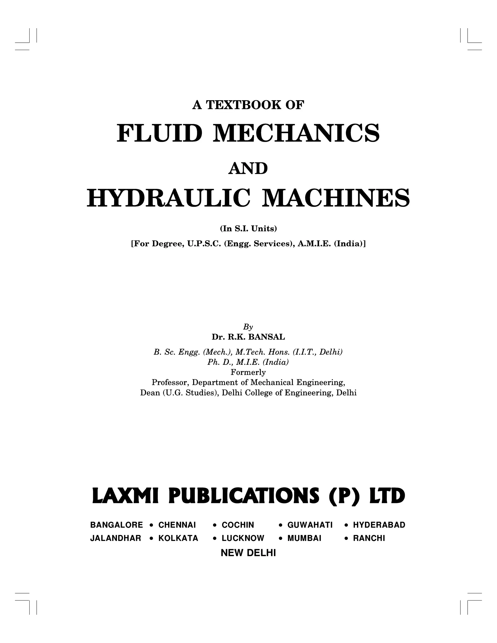 R k bansal a textbook of fluid mechanics and hydraulic machines 9