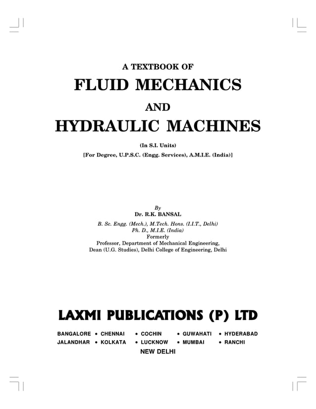R k bansal a textbook of fluid mechanics and hydraulic machines 9