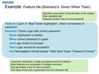 Confidential
GTC-NL for internal use
Example: Feature file (Scenario’s: Given When Then)
Feature: Log-In in “Best Tester Application”, check correctness of
password
Scenario: Check Login with correct password
Given Application is started
When correct password is typed
And Login button is pressed
Then Login should be successful
And Messagebox should display "Hello Best Tester: Password Correct"
Describe some piece of functionality of the system
Plain readable text
Features contain one or more scenarios
A scenario describes a single acceptance test for a feature
Most features are composed of multiple scenarios
Tool generates a test for each scenario
The name of the test is generated from the scenario title
 