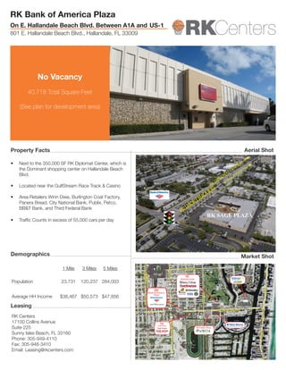 RK
Sage Plaza
Sage Bagel
RK
Diplomat Center
RK Publix Plaza
RK
Bank of America
Plaza
and Office Space
No Vacancy
40,718 Total Square Feet
(See plan for development area)
RK Centers
17100 Collins Avenue
Suite 225
Sunny Isles Beach, FL 33160
Phone: 305-949-4110
Fax: 305-948-3410
Email: Leasing@rkcenters.com
1 Mile 3 Miles 5 Miles
Population 23,731 120,237 284,003
Average HH Income $38,467 $50,573 $47,856
•	 Next to the 350,000 SF RK Diplomat Center, which is
the Dominant shopping center on Hallandale Beach
Blvd.
•	 Located near the GulfStream Race Track & Casino
•	 Area Retailers Winn Dixie, Burlington Coat Factory,
Panera Bread, City National Bank, Publix, Petco,
BB&T Bank, and Third Federal Bank
•	 Traffic Counts in excess of 55,000 cars per day
RK Bank of America Plaza
On E. Hallandale Beach Blvd. Between A1A and US-1
801 E. Hallandale Beach Blvd., Hallandale, FL 33009
Property Facts
Demographics
Leasing
Market Shot
Aerial Shot
RK SAGE PLAZA
RK DIPLOMAT CENTER
RK PUBLIX PLAZA
HALLANDALEBEACHBLVD
 