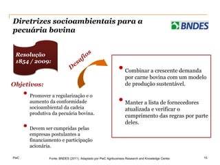 Diretrizes socioambientais para a
pecuária bovina

.
    Resolução
    1854 / 2009:
                                                                •   Combinar a crescente demanda
                                                                    por carne bovina com um modelo
Objetivos:                                                          de produção sustentável.

      •
                                                                •
          Promover a regularização e o
          aumento da conformidade                                   Manter a lista de fornecedores
          socioambiental da cadeia                                  atualizada e verificar o
          produtiva da pecuária bovina.
                                                                    cumprimento das regras por parte

      •   Devem ser cumpridas pelas
          empresas postulantes a
                                                                    deles.


          financiamento e participação
          acionária.

PwC               Fonte: BNDES (2011). Adaptado por PwC Agribusiness Research and Knowledge Center.   15
 