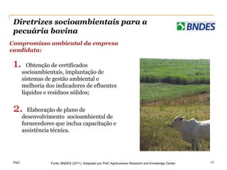 Diretrizes socioambientais para a
 pecuária bovina
Compromisso ambiental da empresa
candidata:

 1.      Obtenção de certificados
       socioambientais, implantação de
       sistemas de gestão ambiental e
       melhoria dos indicadores de efluentes
       líquidos e resíduos sólidos;


 2.      Elaboração de plano de
       desenvolvimento socioambiental de
       fornecedores que inclua capacitação e
       assistência técnica.




 PwC              Fonte: BNDES (2011). Adaptado por PwC Agribusiness Research and Knowledge Center.   17
 