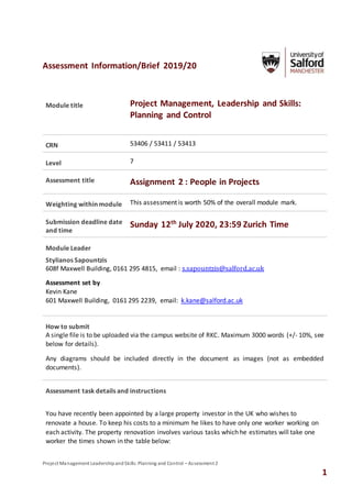 Project Management LeadershipandSkills:Planning and Control – Assessment 2
1
Assessment Information/Brief 2019/20
Module title Project Management, Leadership and Skills:
Planning and Control
CRN 53406 / 53411 / 53413
Level 7
Assessment title Assignment 2 : People in Projects
Weighting within module This assessment is worth 50% of the overall module mark.
Submission deadline date
and time
Sunday 12th
July 2020, 23:59 Zurich Time
Module Leader
Stylianos Sapountzis
608f Maxwell Building, 0161 295 4815, email : s.sapountzis@salford.ac.uk
Assessment set by
Kevin Kane
601 Maxwell Building, 0161 295 2239, email: k.kane@salford.ac.uk
How to submit
A single file is to be uploaded via the campus website of RKC. Maximum 3000 words (+/- 10%, see
below for details).
Any diagrams should be included directly in the document as images (not as embedded
documents).
Assessment task details and instructions
You have recently been appointed by a large property investor in the UK who wishes to
renovate a house. To keep his costs to a minimum he likes to have only one worker working on
each activity. The property renovation involves various tasks which he estimates will take one
worker the times shown in the table below:
 