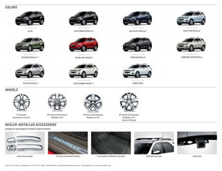 WHEELS
PERSONALIZE YOUR EQUINOX AT CHEVROLET.COM/ACCESSORIES
DEALER-INSTALLED ACCESSORIES
COLORS
BLACK
SEA GRASS METALLIC1, 2, 3
CRYSTAL RED TINTCOAT1, 2
BLUE VELVET METALLIC3BLACK GRANITE METALLIC1, 2
WHITE DIAMOND TRICOAT1, 2, 4 SUMMIT WHITESILVER ICE METALLIC
SILVER TOPAZ METALLIC
CHAMPAGNE SILVER METALLICTUNGSTEN METALLIC2
Chrome Door Handles Front Door Illuminated Sill Plates Front and Rear All-Weather Floor Mats Roof Rack Cross Rails Trailer Hitch
1 Extra-cost color. 2 Available on LT and LTZ. 3 Not available with Jet Black/Brownstone interior. 4 Available on 4-cylinder models only.
17" Aluminum
(Standard on LS and LT)
18" Chrome-Clad Aluminum
(Available on LT)
19" Chrome-Clad Aluminum
(Available on LTZ;
requires V6 engine)
18" Chrome-Clad Aluminum
(Standard on LTZ)
 