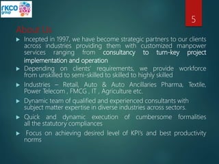 About Us
 Incepted in 1997, we have become strategic partners to our clients
across industries providing them with customized manpower
services ranging from consultancy to turn-key project
implementation and operation
 Depending on clients’ requirements, we provide workforce
from unskilled to semi-skilled to skilled to highly skilled
 Industries – Retail, Auto & Auto Ancillaries Pharma, Textile,
Power Telecom , FMCG , IT , Agriculture etc.
 Dynamic team of qualified and experienced consultants with
subject matter expertise in diverse industries across sectors.
 Quick and dynamic execution of cumbersome formalities
all the statutory compliances
 Focus on achieving desired level of KPI’s and best productivity
norms
5
 