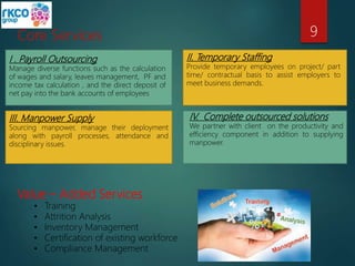 Core Services
I . Payroll Outsourcing
Manage diverse functions such as the calculation
of wages and salary, leaves management, PF and
income tax calculation , and the direct deposit of
net pay into the bank accounts of employees
II. Temporary Staffing
Provide temporary employees on project/ part
time/ contractual basis to assist employers to
meet business demands.
III. Manpower Supply
Sourcing manpower, manage their deployment
along with payroll processes, attendance and
disciplinary issues.
IV. Complete outsourced solutions
We partner with client on the productivity and
efficiency component in addition to supplying
manpower.
Value – Added Services
• Training
• Attrition Analysis
• Inventory Management
• Certification of existing workforce
• Compliance Management
9
 