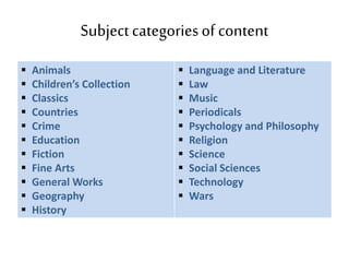Subjectcategoriesof content
 Animals
 Children’s Collection
 Classics
 Countries
 Crime
 Education
 Fiction
 Fine Arts
 General Works
 Geography
 History
 Language and Literature
 Law
 Music
 Periodicals
 Psychology and Philosophy
 Religion
 Science
 Social Sciences
 Technology
 Wars
 