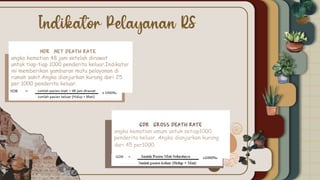 NDR (Net Death Rate
angka kematian 48 jam setelah dirawat
untuk tiap-tiap 1000 penderita keluar.Indikator
ini memberikan gambaran mutu pelayanan di
rumah sakit.Angka dianjurkan kurang dari 25
per 1000 penderita keluar.
GDR (Gross Death Rate
angka kematian umum untuk setiap1000
penderita keluar. Angka dianjurkan kurang
dari 45 per1000.
 