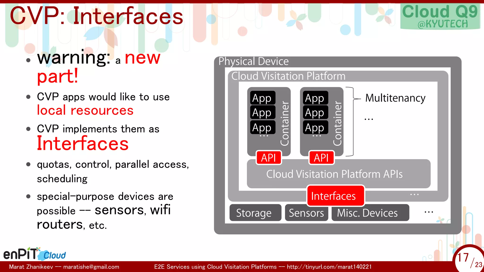 .

.

CVP: Interfaces
• CVP apps would like to use

local resources

• CVP implements them as

Interfaces

• quotas, control, parallel access,

scheduling
• special-purpose devices are

possible -- sensors,
routers, etc.

Marat Zhanikeev -- maratishe@gmail.com

wifi

Physical Device
Cloud Visitation Platform
App
App
App
…

API

App
App
App
…

Container

warning: a new
part!

Container

•

Multitenancy
…

API

Cloud Visitation Platform APIs

Storage

Interfaces

Sensors

Misc. Devices

E2E Services using Cloud Visitation Platforms -- http://tinyurl.com/marat140221

…

…

17 /23
17/23

 