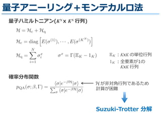 量量⼦子アニーリング＋モンテカルロ法
H = Hc + Hq
量量⼦子ハミルトニアン(KN x  KN ⾏行行列列)
Hq =
N
i=1
x
i
x
= (EK 1K) EK
1K
：KxK の単位⾏行行列列
：全要素が1の  
 　KxK ⾏行行列列
Hc = diag E( (1)
), · · · , E( (KN
)
)
確率率率分布関数
pQA( ; , ) =
|e H
|
|e H|
H 　が⾮非対⾓角⾏行行列列であるため  
計算が困難
Suzuki-‐‑‒Trotter  分解
 