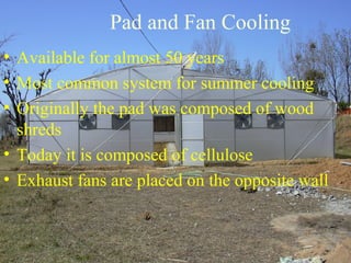 Pad and Fan Cooling
• Available for almost 50 years
• Most common system for summer cooling
• Originally the pad was composed of wood
shreds
• Today it is composed of cellulose
• Exhaust fans are placed on the opposite wall
 