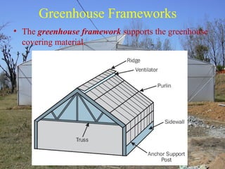 Greenhouse Frameworks
• The greenhouse framework supports the greenhouse
covering material.
 