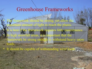 Greenhouse Frameworks
• The framework should be strong, yet allow the
maximum amount of light to reach the plants.
• It is best if the framework requires little maintenance.
• In high snowfall areas, it is important that the
framework be strong enough to withstand heavy snow
loads.
• It should be capable of withstanding wind loads.
 