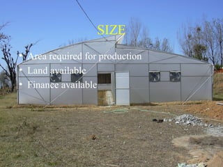 SIZE
• Area required for production
• Land available
• Finance available
 