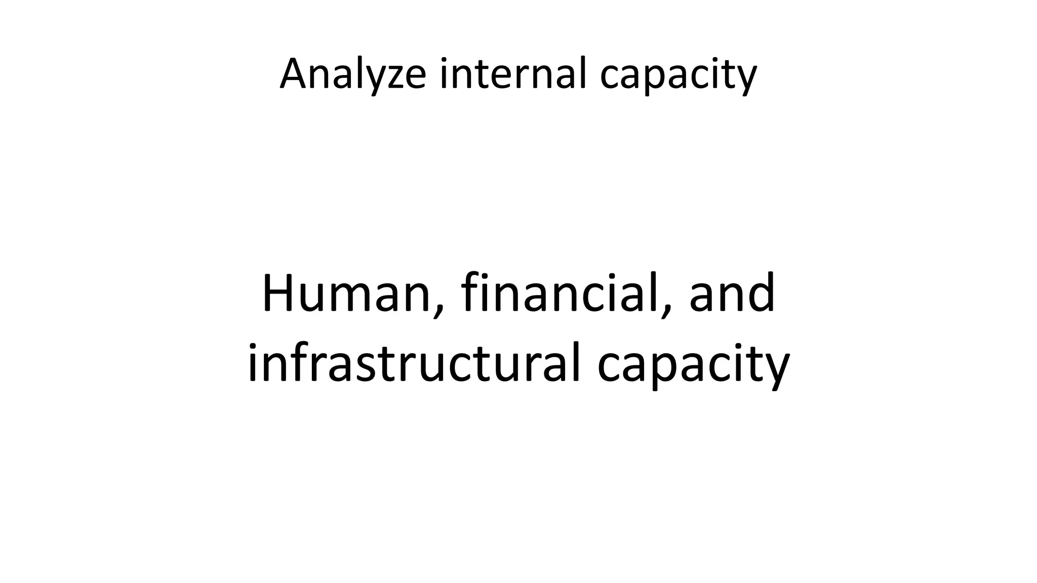 Analyze internal capacity
Human, financial, and
infrastructural capacity
 