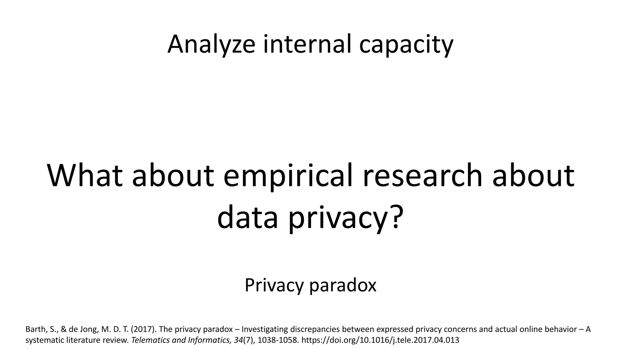 Analyze internal capacity
What about empirical research about
data privacy?
Privacy paradox
Barth, S., & de Jong, M. D. T. (2017). The privacy paradox – Investigating discrepancies between expressed privacy concerns and actual online behavior – A
systematic literature review. Telematics and Informatics, 34(7), 1038-1058. https://doi.org/10.1016/j.tele.2017.04.013
 