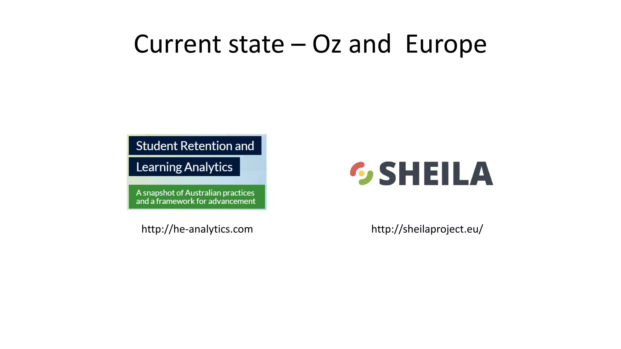 Current state – Oz and Europe
http://sheilaproject.eu/http://he-analytics.com
 