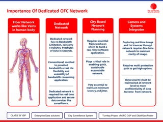 Importance Of Dedicated OFC Network
Dedicated network
has no Bandwidth
Limitation, can carry
Terabytes, Petabytes
of Data in Seconds.
Conventional method
to provided
bandwidth arrest the
flexibility and
scalability of
bandwidth consuming
application.
Dedicated network is
required for real time
application and secure
data services like
surveillance.
Requires essential
frameworks on
which to build a
real-time software
application.
Plays critical role in
enabling quick,
sustainable
expandable
network.
Very essential to
maintain minimum
latency and jitter.
Capturing real time image
and to traverse through
network requires fine tune
network to maintain
clarity of image.
Requires multi protection
path to get high uptime.
Data security must be
maintained at network
level to meet
confidentiality of data
traverse from network.
Fiber Network
works like Veins
in human body
Dedicated
Network
City Based
Network
Planning
Camera and
Systems
Integrator
CLASS “B” ISP City Surveillance SystemEnterprise Data solutions Turnkey Project of OFC OSP and O&M/Gas/Power
 
