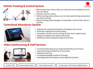 Vehicle Tracking & Control System
Centralized Attendance System
Video Conferencing & VoIP Services
CLASS “B” ISP City Surveillance SystemEnterprise Data solutions Turnkey Project of OFC OSP and O&M/Gas/Power
Monitoring of your drivers helps you vastly decrease employee cost and
time card abuse.
Improve customer service.
Vehicle tracking system allows users to track unsafe driving and personal
use of fleet vehicles.
Vehicle tracking allows managers to keep better control of their driver’s
activities.
Ongoing time savings & elimination of employee time rescue.
Automate employee time off & tracking.
Coordinate, monitor time for training & other work-related events.
Integrate employee time details with payroll.
Notification when employees forget to track time.
Increased Productivity across Dispersed Workforces and Teams.
Improved Hiring and Retention of Top Talent.
Reduced Travel Cost.
Increased knowledge transfer & Trainings.
Leveraging technical expertise across disparate locations.
 
