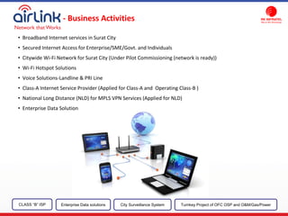 - Business Activities
• Broadband Internet services in Surat City
• Secured Internet Access for Enterprise/SME/Govt. and Individuals
• Citywide Wi-Fi Network for Surat City (Under Pilot Commissioning (network is ready))
• Wi-Fi Hotspot Solutions
• Voice Solutions-Landline & PRI Line
• Class-A Internet Service Provider (Applied for Class-A and Operating Class-B )
• National Long Distance (NLD) for MPLS VPN Services (Applied for NLD)
• Enterprise Data Solution
CLASS “B” ISP City Surveillance SystemEnterprise Data solutions Turnkey Project of OFC OSP and O&M/Gas/Power
 