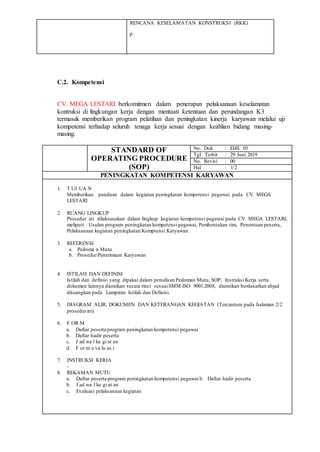 RENCANA KESELAMATAN KONSTRUKSI (RKK)
p
C.2. Kompetensi
CV. MEGA LESTARI berkomitmen dalam penerapan pelaksanaan keselamatan
kontruksi di lingkungan kerja dengan mentaati ketentuan dan perundangan K3
termasuk memberikan program pelatihan dan peningkatan kinerja karyawan melalui uji
kompetensi terhadap seluruh tenaga kerja sesuai dengan keahlian bidang masing-
masing.
STANDARD OF
OPERATING PROCEDURE
(SOP)
No. Dok : EHS 05
Tgl. Terbit : 29 Juni 2019
No. Revisi : 00
Hal : 1/2
PENINGKATAN KOMPETENSI KARYAWAN
1. T UJ UA N
Memberikan panduan dalam kegiatan peningkatan kompetensi pegawai pada CV. MEGA
LESTARI
2. RUANG LINGKUP
Prosedur ini dilaksanakan dalam lingkup kegiatan kompetensi pegawai pada CV. MEGA LESTARI,
meliputi : Usulan program peningkatan kompetensi pegawai, Pembentukan tim, Penentuan peserta,
Pelaksanaan kegiatan peningkatan Komptensi Karyawan.
3. REFERENSI
a. Pedoma n Mutu
b. ProsedurPenerimaan Karyawan
4. ISTILAH DAN DEFINISI
Istilah dan definisi yang dipakai dalam penulisan Pedoman Mutu, SOP, Instruksi Kerja serta
dokumen lainnya diuraikan secara rinci sesuaiSMM ISO 9001:2008, diurutkan berdasarkan abjad
dituangkan pada Lampiran Istilah dan Definisi.
5. DIAGRAM ALIR, DOKUMEN DAN KETERANGAN KEGIATAN (Tercantum pada halaman 2/2
prosedurini)
6. F OR M
a. Daftar peserta program peningkatan kompetensi pegawai
b. Daftar hadir peserta
c. J ad wa l ke gi at an
d. F or m e va lu as i
7. INSTRUKSI KERJA
-
8. REKAMAN MUTU
a. Daftar peserta program peningkatan kompetensi pegawai b. Daftar hadir peserta
b. J ad wa l ke gi at an
c. Evaluasi pelaksanaan kegiatan
 