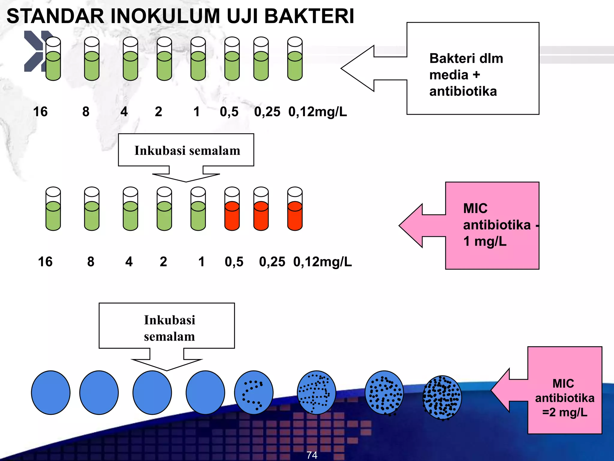 STANDAR INOKULUM UJI BAKTERI
                                                     Bakteri dlm
                                                     media +
                                                     antibiotika
  16   8   4      2    1       0,5   0,25 0,12mg/L

               Inkubasi semalam



                                                          MIC
                                                          antibiotika -
                                                          1 mg/L
  16   8   4      2        1   0,5   0,25 0,12mg/L



                Inkubasi
                semalam


                                                                         MIC
                                                                      antibiotika
                                                                       =2 mg/L


                                            74
 
