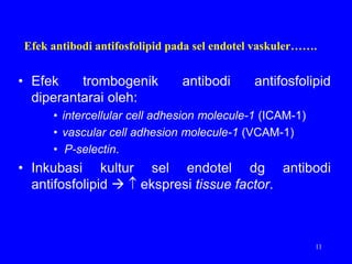 Efek antibodi antifosfolipid pada sel endotel vaskuler…….


• Efek    trombogenik         antibodi      antifosfolipid
  diperantarai oleh:
     • intercellular cell adhesion molecule-1 (ICAM-1)
     • vascular cell adhesion molecule-1 (VCAM-1)
     • P-selectin.
• Inkubasi kultur sel endotel dg antibodi
  antifosfolipid  ekspresi tissue factor.



                                                         11
 