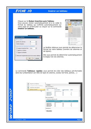 Page 11 
@ G.Maurin - 2009 
Fiche 10Fiche 10 
Insérer un tableau 
Cliquez sur le Ruban Insertion puis Tableau 
Vous pouvez choisir automatiquement et à la volée le format du tableau qui s’affiche automatiquement sur votre page en arrière-plan ou cliquer sur la commande Insérer un tableau. 
La fenêtre obtenue vous permet de déterminer le format de votre tableau (nombre de colonnes et de lignes). 
Elle vous permet de déterminer automatiquement la largeur de vos colonnes. 
La commande Tableaux rapides vous permet de créer des tableaux pré-formatés dans leur présentation (en-tête de ligne et colonne, couleur de fond, polices, …) 