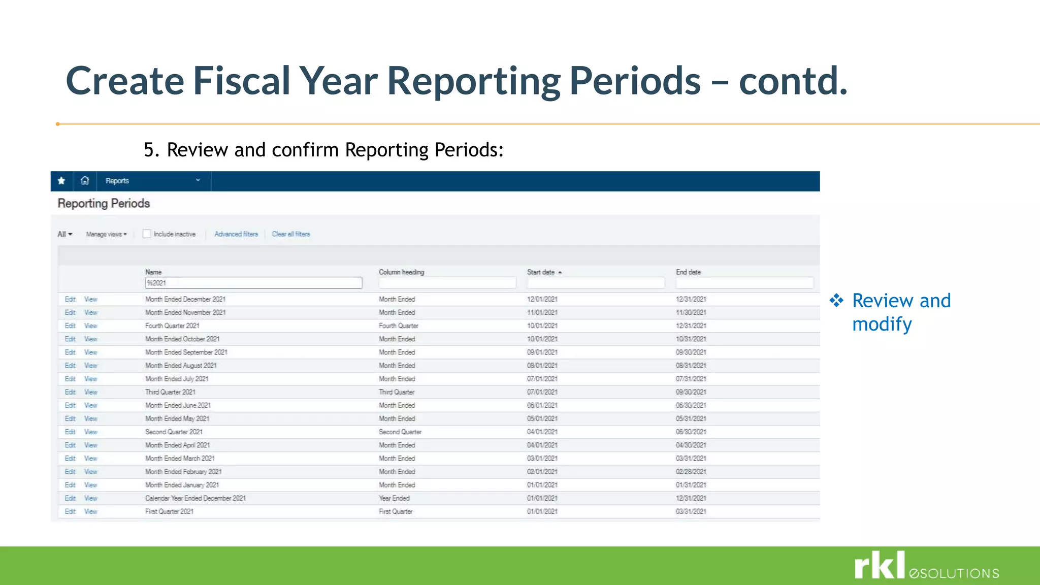 Create Fiscal Year Reporting Periods – contd.
5. Review and confirm Reporting Periods:
 Review and
modify
 