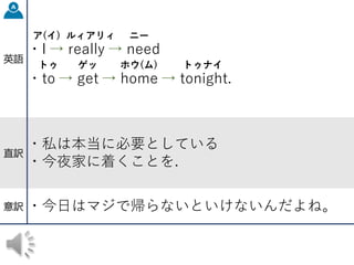 英語
ア(イ) ルィアリィ ニー
・I → really → need
トゥ ゲッ ホウ(ム) トゥナイ
・to → get → home → tonight.
直訳
・私は本当に必要としている
・今夜家に着くことを.
意訳 ・今日はマジで帰らないといけないんだよね。
 
