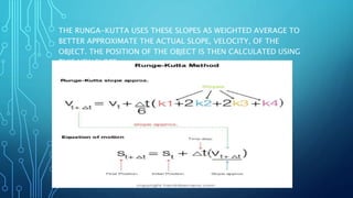 THE RUNGA-KUTTA USES THESE SLOPES AS WEIGHTED AVERAGE TO
BETTER APPROXIMATE THE ACTUAL SLOPE, VELOCITY, OF THE
OBJECT. THE POSITION OF THE OBJECT IS THEN CALCULATED USING
THIS NEW SLOPE.