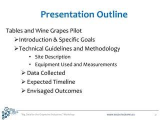 WWW.BIGDATAGRAPES.EU
Tables and Wine Grapes Pilot
Introduction & Specific Goals
Technical Guidelines and Methodology
• S...