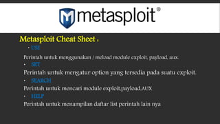 Metasploit Cheat Sheet :
 USE
Perintah untuk menggunakan / meload module exploit, payload, aux.
 SET
Perintah untuk mengatur option yang tersedia pada suatu exploit.
 SEARCH
Perintah untuk mencari module exploit,payload,AUX
 HELP
Perintah untuk menampilan daftar list perintah lain nya
 