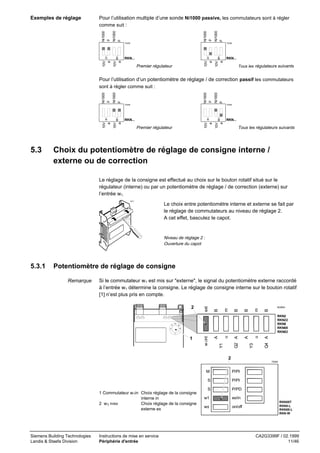 Exemples de réglage

Pour l’utilisation multiple d’une sonde Ni1000 passive, les commutateurs sont à régler
Ni1000
p

Ni1000
p

Ni1000
p

Ni1000
p

comme suit :

RKN...

Premier régulateur

10V
w1
a

70262

10V
x1
a

10V
w1
a

10V
x1
a

70258

RKN...

Tous les régulateurs suivants

Pour l’utilisation d’un potentiomètre de réglage / de correction passif les commutateurs
Ni1000
p

Ni1000
p

Ni1000
p

Ni1000
p

sont à régler comme suit :

5.3

RKN...

Premier régulateur

10V
w1
a

70263

10V
x1
a

10V
w1
a

10V
x1
a

70259

RKN...

Tous les régulateurs suivants

Choix du potentiomètre de réglage de consigne interne /
externe ou de correction
Le réglage de la consigne est effectué au choix sur le bouton rotatif situé sur le
régulateur (interne) ou par un potentiomètre de réglage / de correction (externe) sur
l’entrée w1.
40271

Le choix entre potentiomètre interne et externe se fait par
le réglage de commutateurs au niveau de réglage 2.
A cet effet, basculez le capot.

Niveau de réglage 2 :
Ouverture du capot

Potentiomètre de réglage de consigne

40266A

B

m

B

B

2

m

Si le commutateur w1 est mis sur "externe", le signal du potentiomètre externe raccordé
à l’entrée w1 détermine la consigne. Le réglage de consigne interne sur le bouton rotatif
[1] n’est plus pris en compte.
B

Remarque

ext

5.3.1

RKN2
RKN22
RKN8
RKN88
RKN82

20
15

25
30

10

Q4 A

u

A
Y3

Q2 A

u

A
Y1

1

w 1 int

°C

2
70264

M
S

1 Commutateur w1in Choix réglage de la consigne
interne in
Choix réglage de la consigne
2 w1 in/ex
externe ex

Siemens Building Technologies
Landis & Staefa Division

Instructions de mise en service
Périphérie d'entrée

P/PI
P/PI

S

P/PD

w1

ex/in

w±

on/off

RKN88T
RKN8-L
RKN88-L
RKN-W

CA2G3399F / 02.1999
11/46

 